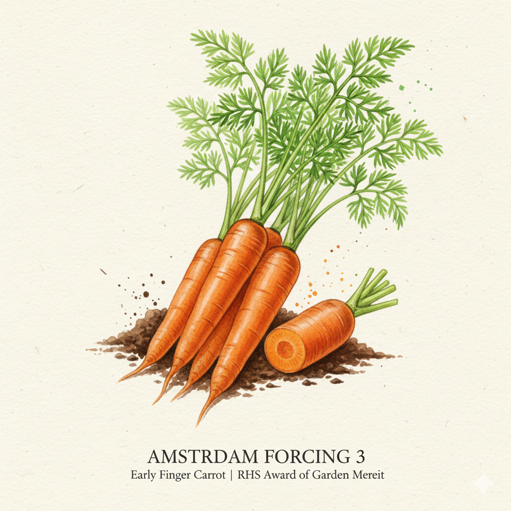 Botanical watercolor of Amsterdam Forcing 3 carrots showing slender cylindrical orange roots and lacy green foliage.