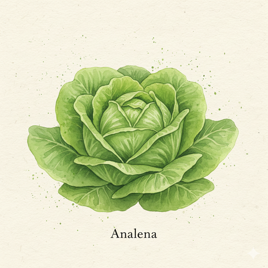 Botanical watercolor of Analena lettuce showing a large, voluminous head of fresh green butterhead lettuce.