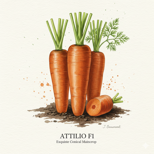 Botanical watercolor of Attilio F1 carrots showing uniform, blunt-ended orange roots and healthy green tops.