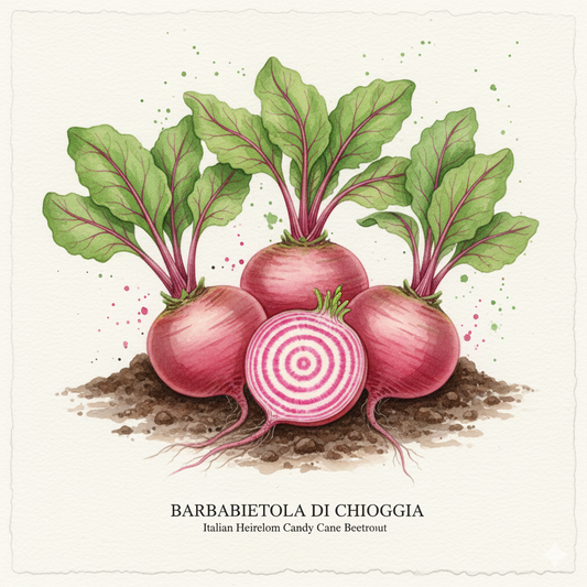 Botanical watercolor of Chioggia beetroot showing pink and white candy-striped interior