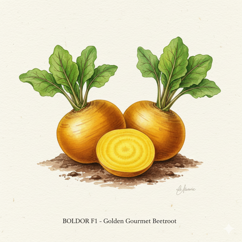 Botanical watercolor of Boldor F1 golden beetroot with bright yellow interior and orange skin
