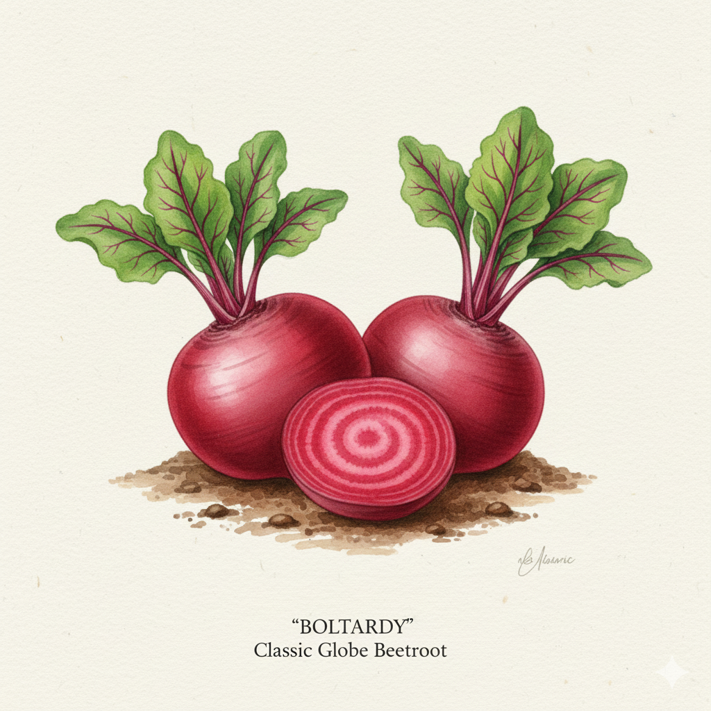 Botanical watercolor of Bolthardy beetroot with deep red skin, red-veined leaves and a sliced crimson interior.