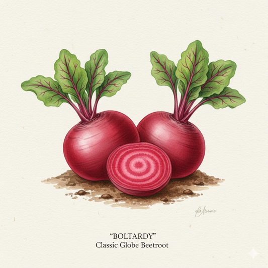 Botanical watercolor of Bolthardy beetroot with deep red skin, red-veined leaves and a sliced crimson interior.