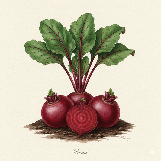 Botanical watercolor of Bona beetroot with smooth dark red skin and uniform crimson interior.