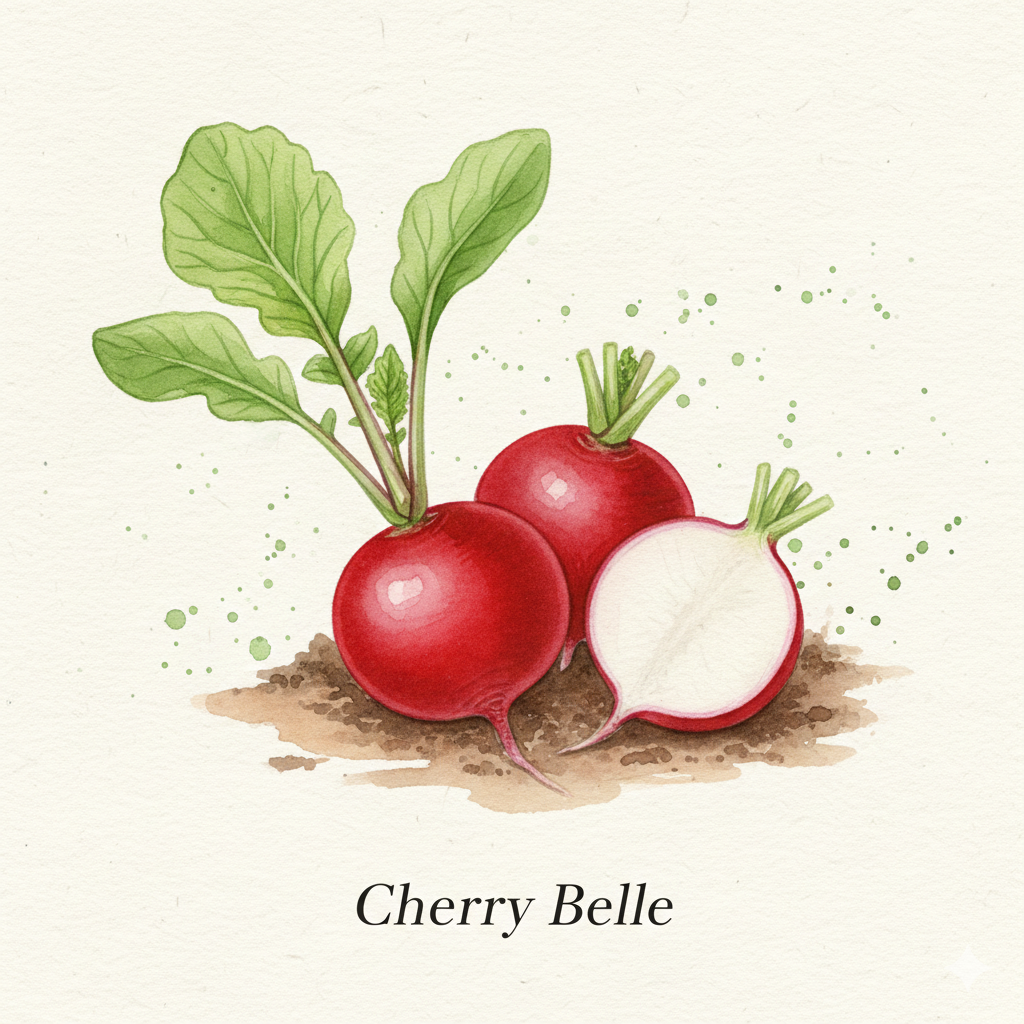 Botanical watercolor of Cherry Belle radishes showing bright red round roots and crisp white interiors with leafy green tops.
