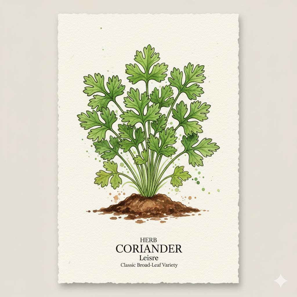 Coriander seeds from The Puzzle Seed Company, featuring classic 'Leisure' or lacy 'Confetti' herb seed varieties in a clear package.