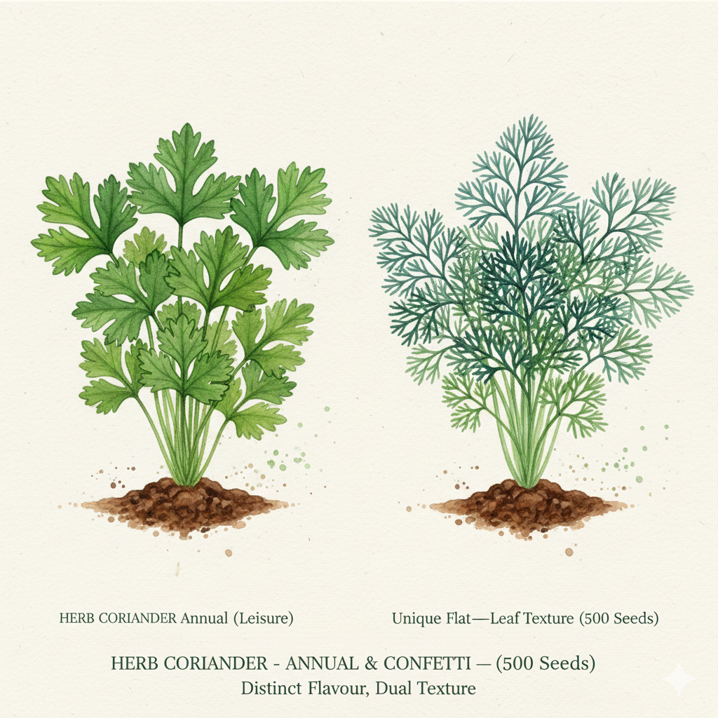 Coriander seeds herb seeds from The Puzzle Seed Company, featuring classic 'Leisure' and lacy 'Confetti' varieties, shown in profile.