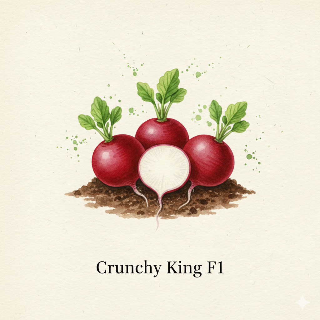 Fresh Crunchy King F1 radish seeds from The Puzzle Seed Company, showing a packet of hybrid radish seed variety.