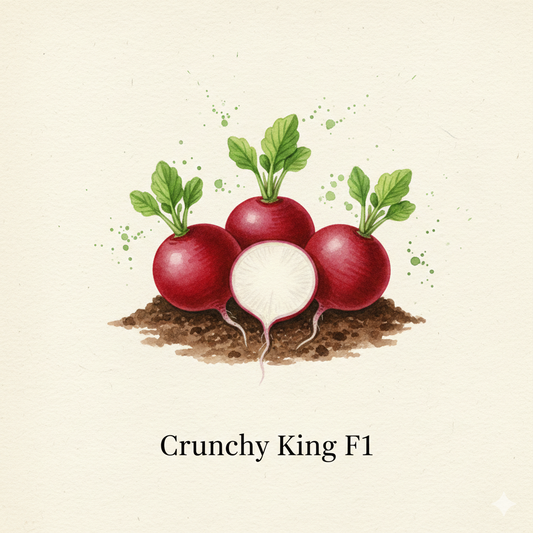 Botanical watercolor of Crunchy King F1 radish showing bright red round roots with crisp white interiors and fresh green tops.