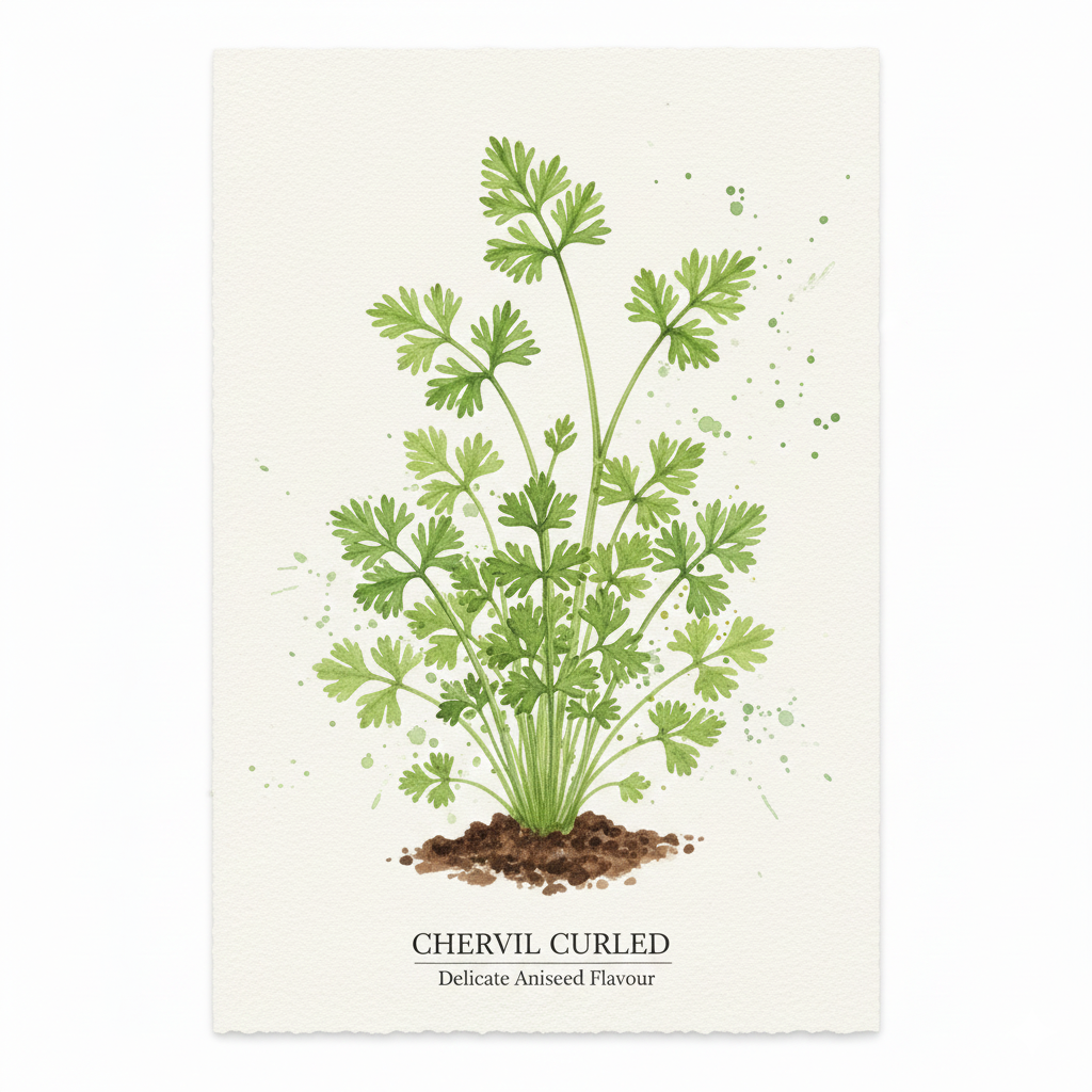 Curled chervil herb seeds with delicate aniseed flavor and lacy foliage, shown in a packet of 700 seeds.