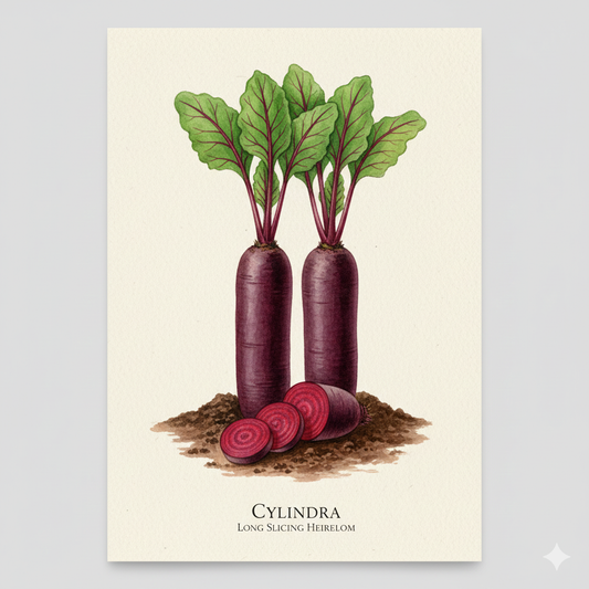 Botanical watercolor of Cylindra beetroot with long cylindrical roots and sliced round discs.