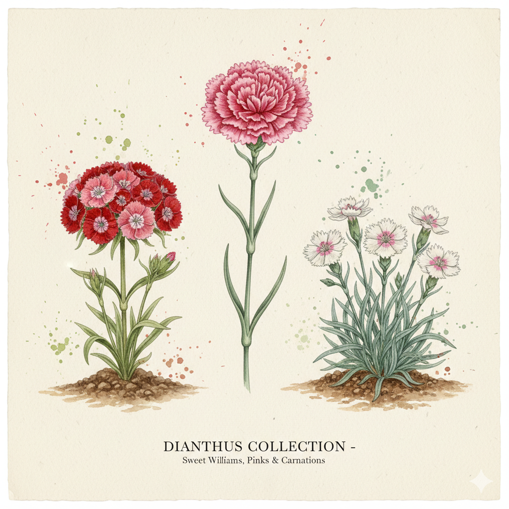 Dianthus Plumarius Sweet William flowers in pink and purple hues, showcasing fragrant cottage garden favorites.