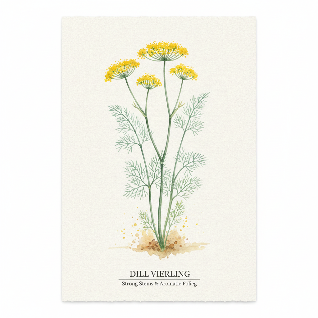 Dill seeds from Vierling herb seeds, showing strong stems and bluish-green foliage, ideal for aromatic herb gardening.
