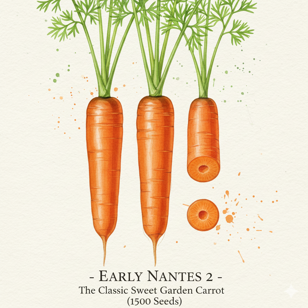 Illustration of three carrots with green tops on a beige background, labeled 'Early Nantes 2'.