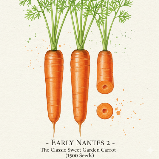 Illustration of three carrots with green tops on a beige background, labeled 'Early Nantes 2'.