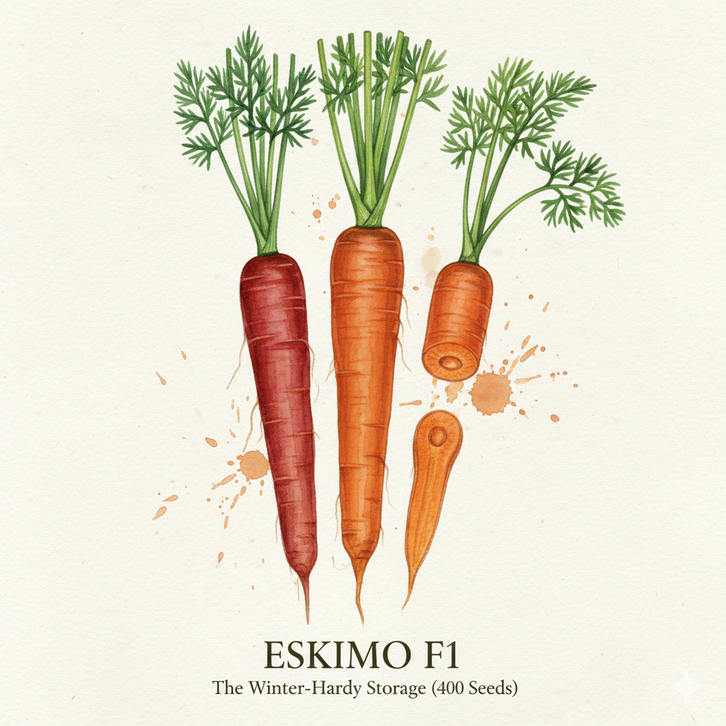 Eskimo F1 carrot seeds from The Puzzle Seed Company, showing vibrant orange carrot seedlings ready for planting.