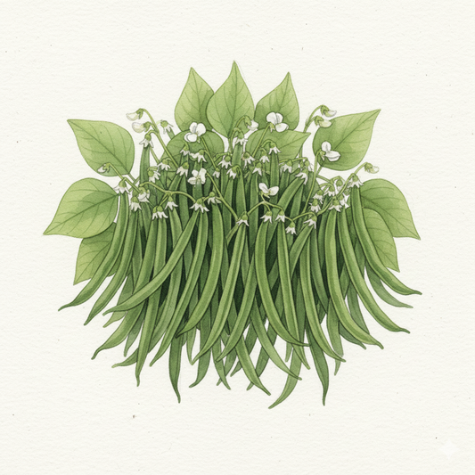 Botanical watercolor of a Faraday dwarf french bean plant with very slender, straight green pods
