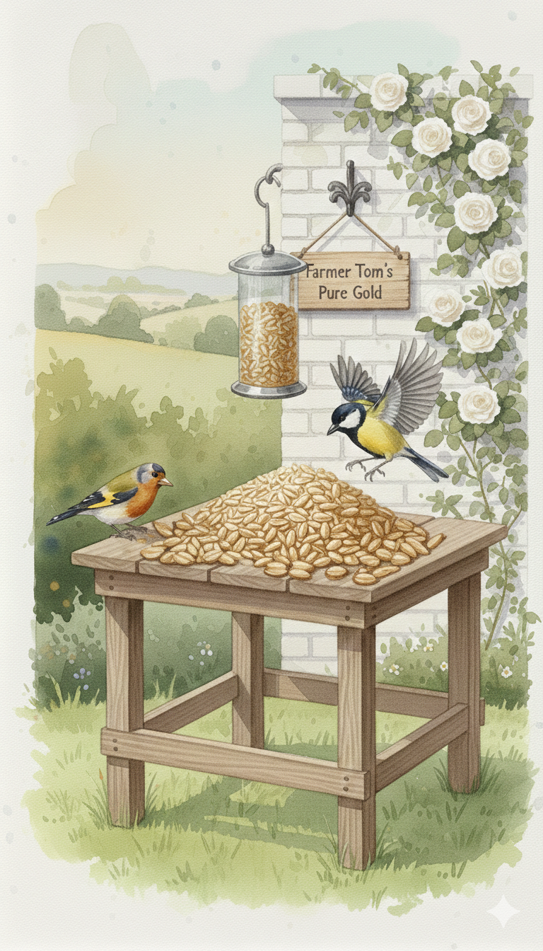 Farmer Tom’s Pure Gold Sunflower Hearts by The Puzzle Seed Company in a clear container, showcasing bright yellow sunflower seeds.