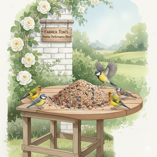 Wild bird food bag labeled Farmer Tom’s Premier Performance Blend by The Puzzle Seed Company, featuring a colorful bird illustration.