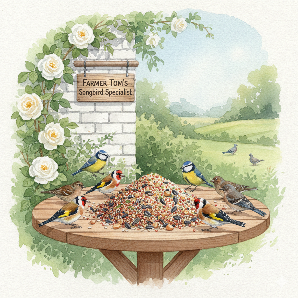 Farmer Tom’s Songbird Specialist wild bird food by The Puzzle Seed Company, wheat-free seed mix for songbirds.