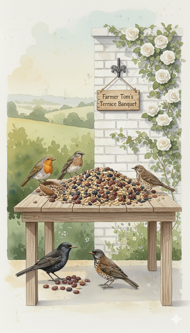 Farmer Tom's Terrace Banquet wild bird food mix by The Puzzle Seed Company in a resealable bag, suitable for attracting various wild birds.