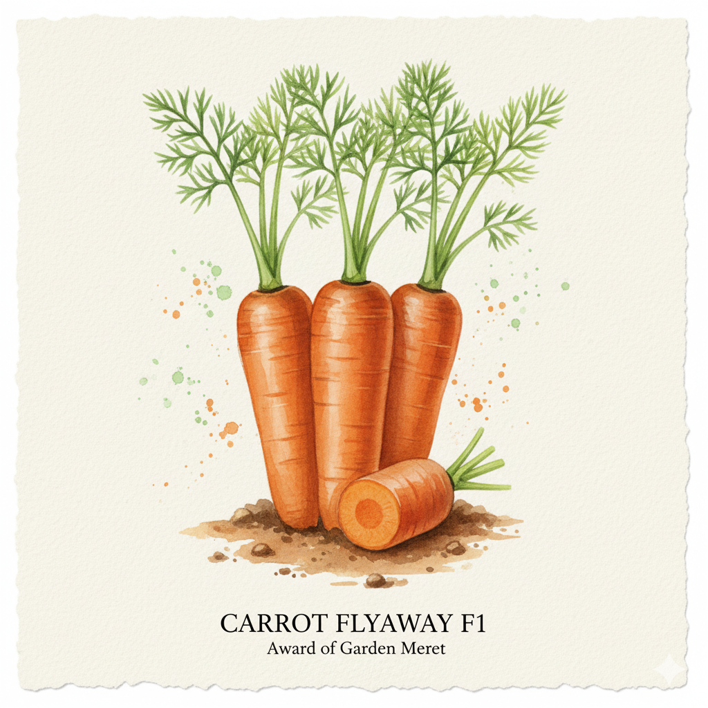 Pack of Flyaway F1 carrot seeds by The Puzzle Seed Company, showing vibrant orange carrot seeds on a white background.