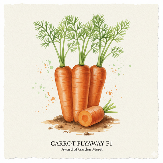 Pack of Flyaway F1 carrot seeds by The Puzzle Seed Company, showing vibrant orange carrot seeds on a white background.