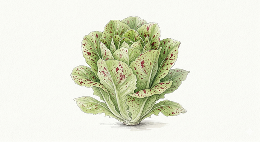 Image of Freckles lettuce seeds by The Puzzle Seed Company, showing 300 decorative spotted lettuce seeds with semi-cos leaf shape.