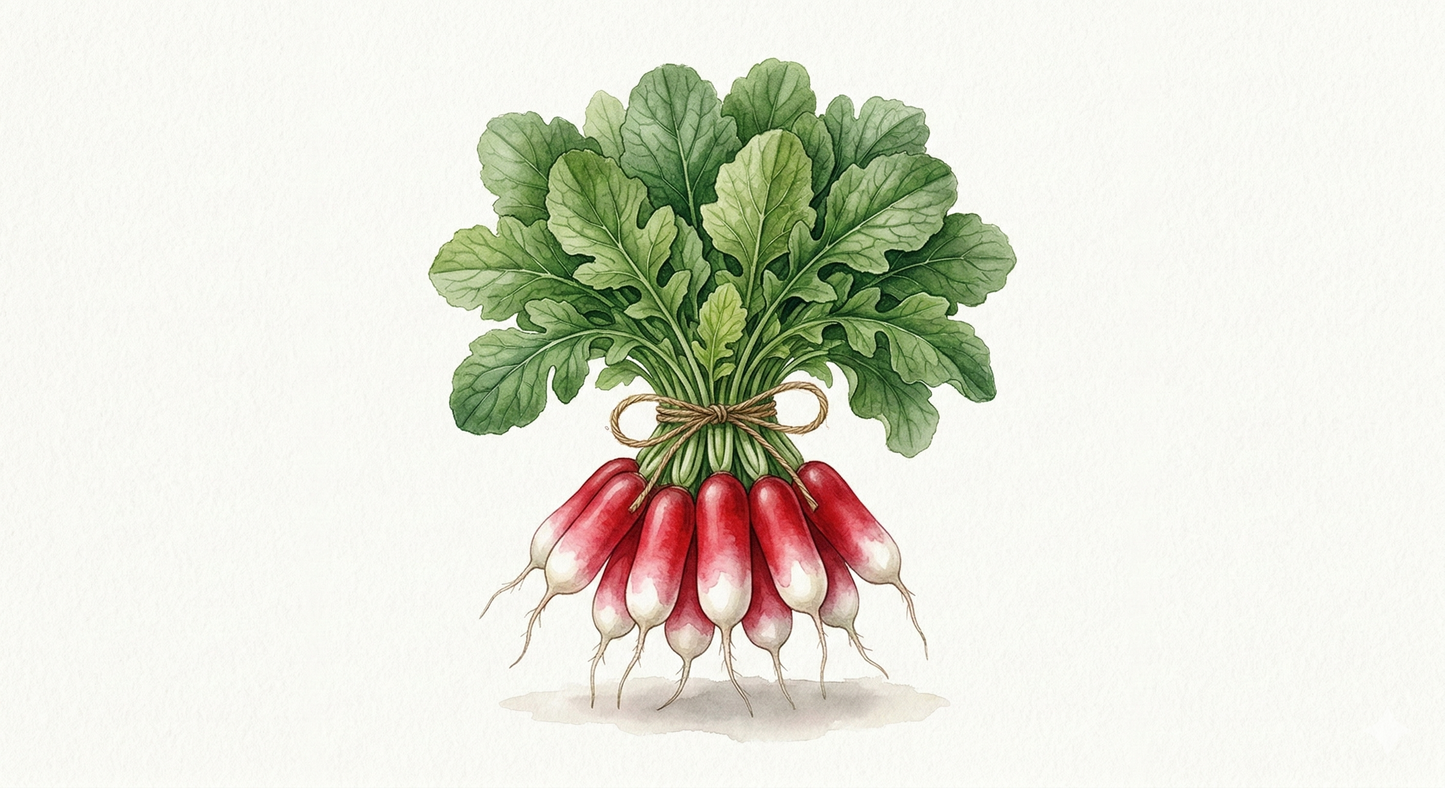 French Breakfast radish seeds by The Puzzle Seed Company, heritage variety with vibrant red and white roots, 1,200 seeds in package