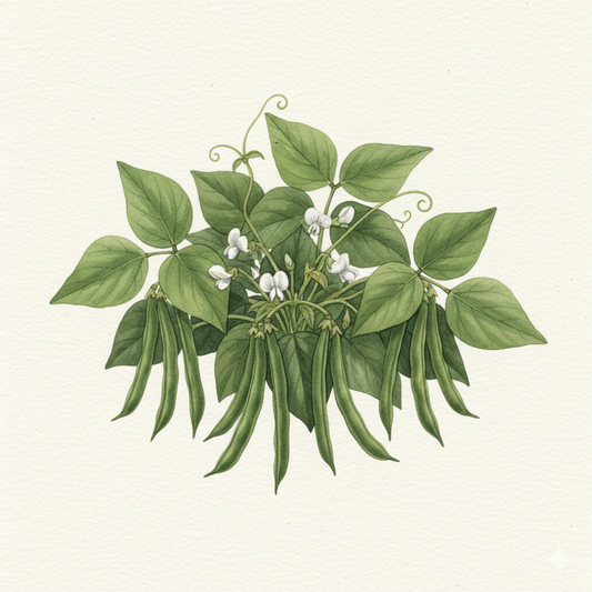 Botanical watercolor of Atlanta dwarf french bean plant with upright dark green pods