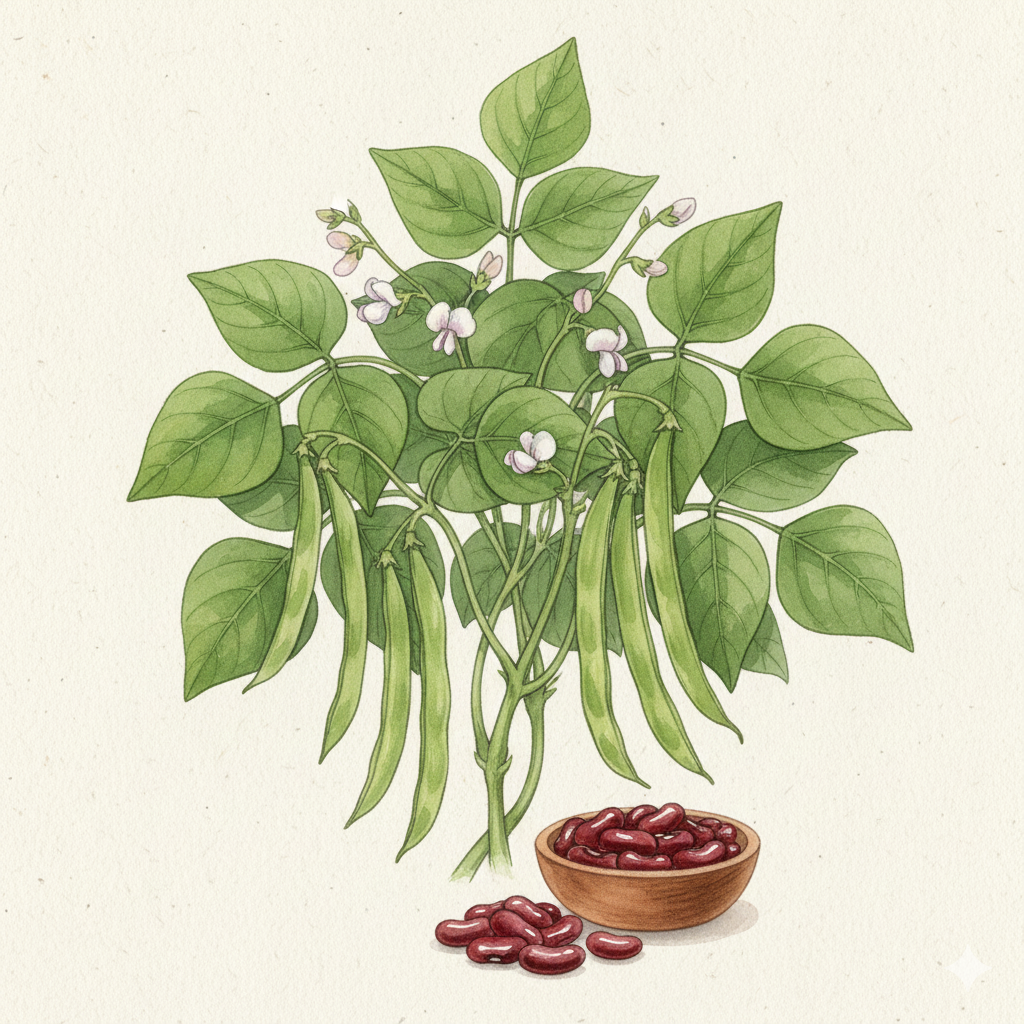 Watercolor illustration of Canadian Wonder bean plant with green pods and dried red kidney beans