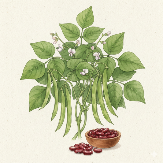 Watercolor illustration of Canadian Wonder bean plant with green pods and dried red kidney beans