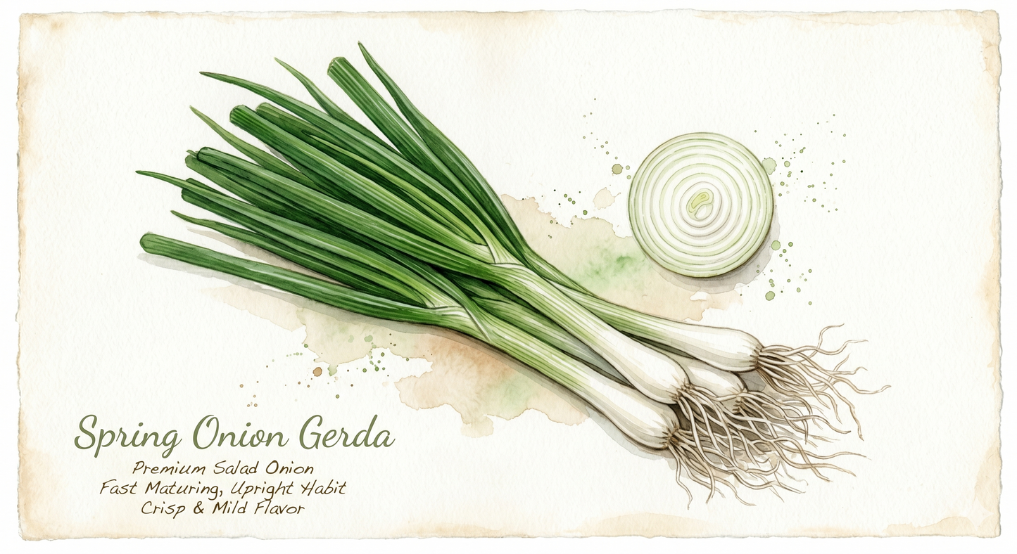 Gerda spring onion from The Puzzle Seed Company, premium quality spring onion seeds, shown in a close-up image.