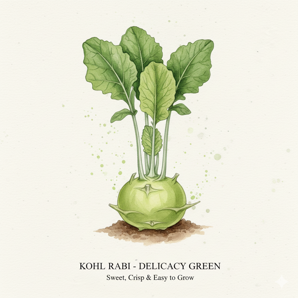 Green Kohl Rabi seeds from The Puzzle Seed Company Delicacy Series, 500 vegetable seeds for growing fresh green kohl rabi.