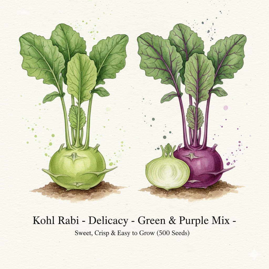 Green and purple Kohl Rabi seeds from The Puzzle Seed Company, Delicacy Series, shown in a close-up image of seeds.