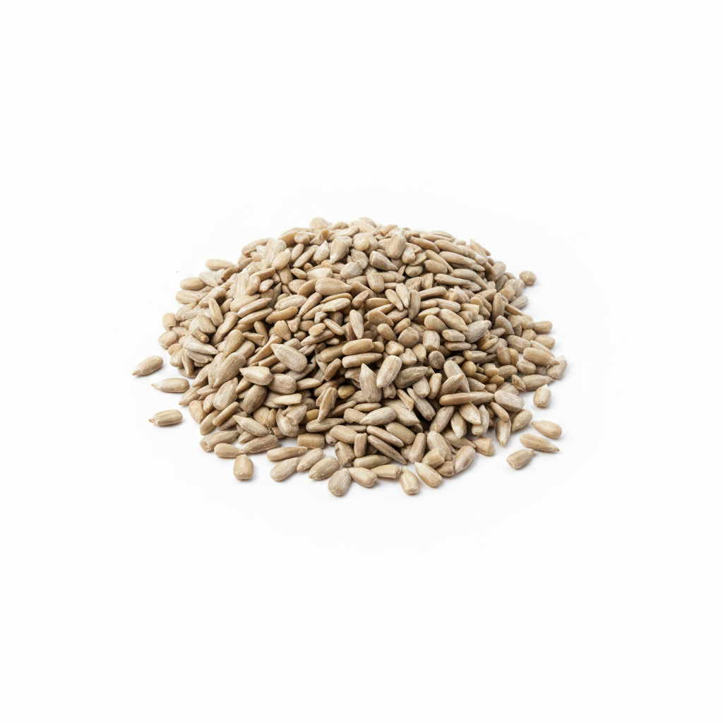 Farmer Tom’s Pure Gold Sunflower Hearts by The Puzzle Seed Company, close-up of sunflower seed hearts in a clear container.