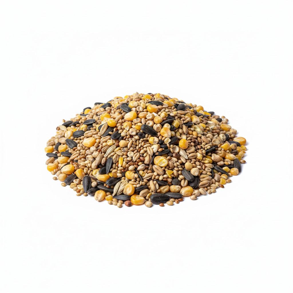 Farmer Tom’s Signature All-Seasons Wild Bird Food by The Puzzle Seed Company, displayed in a clear container with mixed seeds.