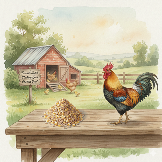 Clucking Good Chicken Food by The Puzzle Seed Company, showing a bag of Farmer Tom’s Clucking Good Chicken Food with colorful packaging.