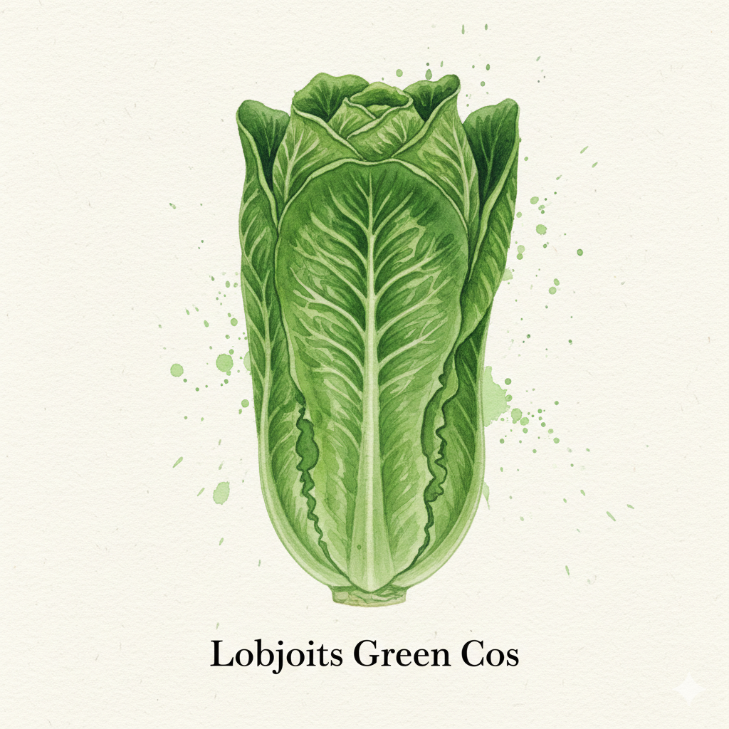 Lobjoits Green Cos lettuce seeds from The Puzzle Seed Company, traditional romaine variety with 1,400 seeds.