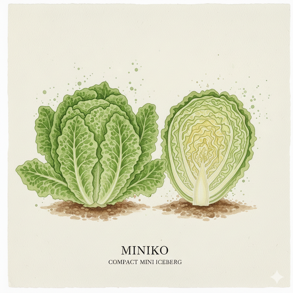 Botanical watercolor of Miniko lettuce showing compact mini iceberg heads with crisp green leaves and dense hearts.