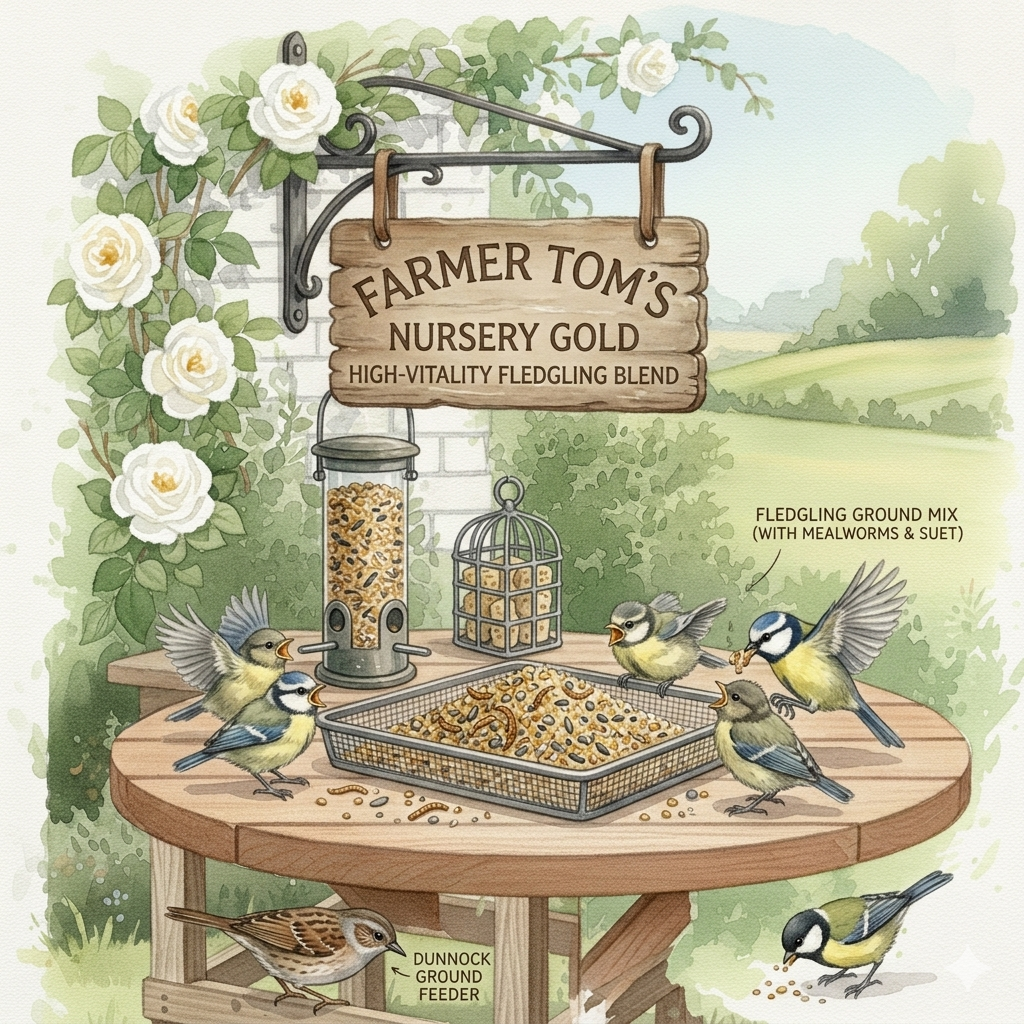 Wild bird food bag labeled Farmer Tom’s Nursery Gold High-Vitality Fledgling Blend from The Puzzle Seed Company.