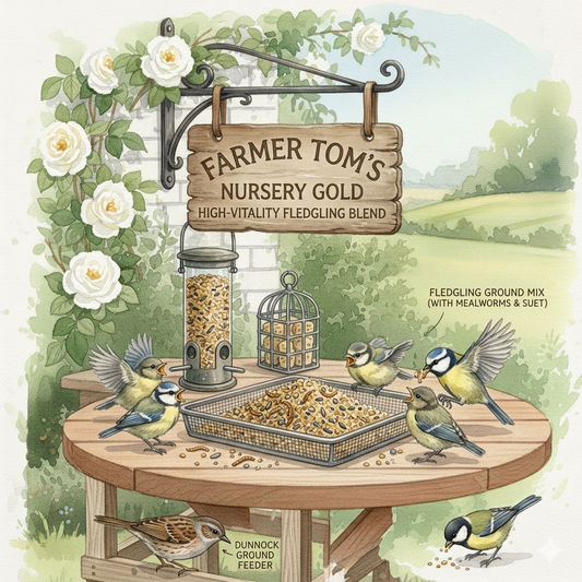 Wild bird food bag labeled Farmer Tom’s Nursery Gold High-Vitality Fledgling Blend from The Puzzle Seed Company.
