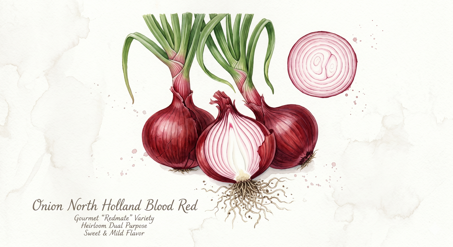 North Holland Blood Red onion from The Puzzle Seed Company, dual-purpose heirloom variety with vibrant red skin and layered bulbs.