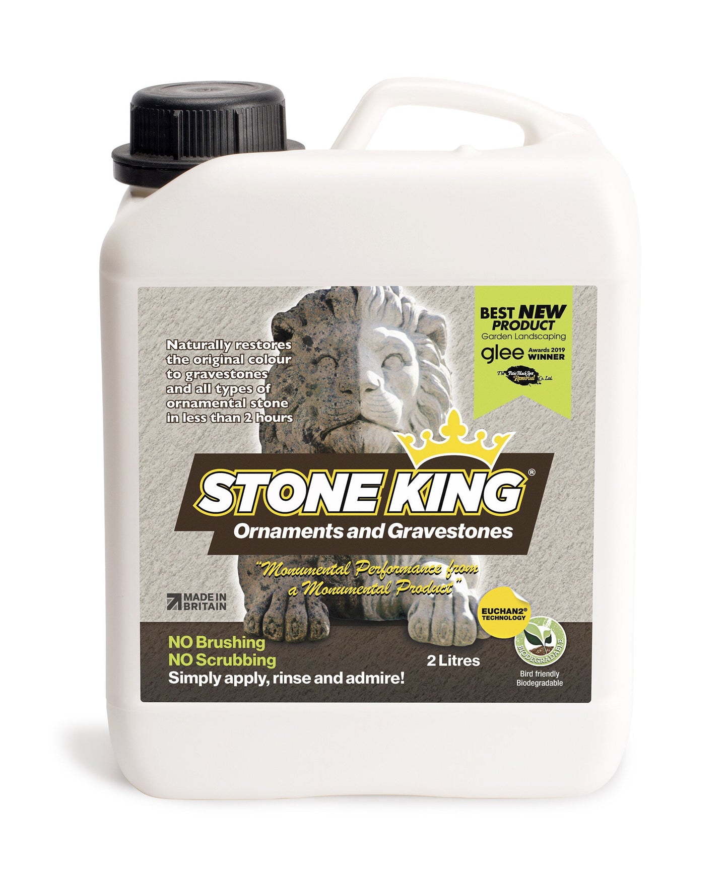Ornaments and gravestone cleaner from Stone King by Patio Black Spot Removal, featuring a spray bottle and cleaning tools for outdoor stone surfaces.