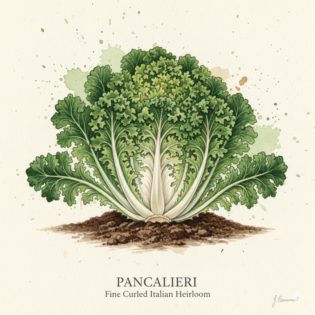 Botanical watercolor of Pancalieri Endive showing finely curled green leaves and a creamy-white blanched center.