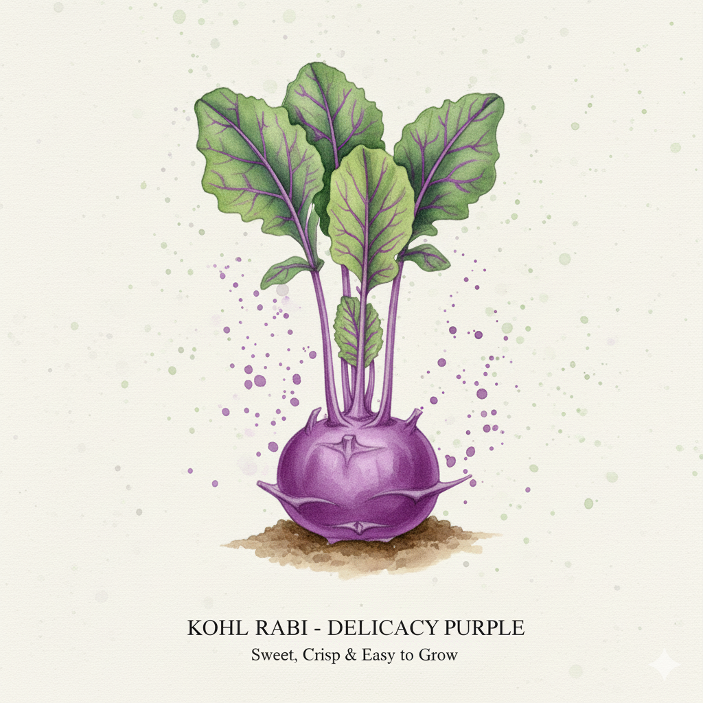 Purple Kohl Rabi seeds from The Puzzle Seed Company, Delicacy Series, showing vibrant purple vegetable seeds for planting.