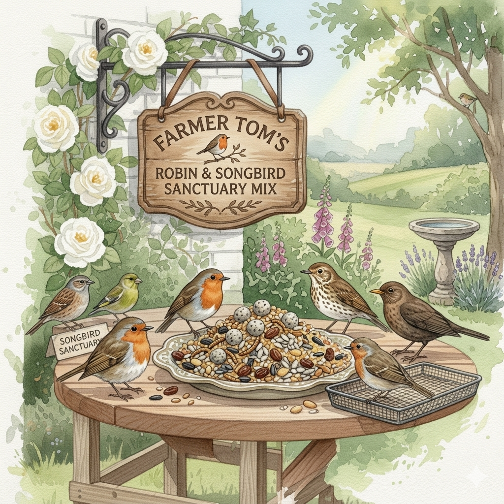 Robin and songbird enjoying Farmer Tom’s Robin & Songbird Sanctuary Mix, wild bird food by The Puzzle Seed Company.