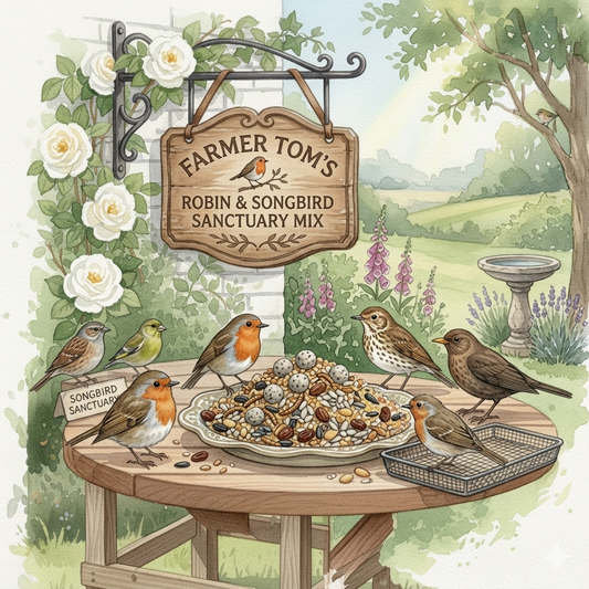 Robin and songbird enjoying Farmer Tom’s Robin & Songbird Sanctuary Mix, wild bird food by The Puzzle Seed Company.