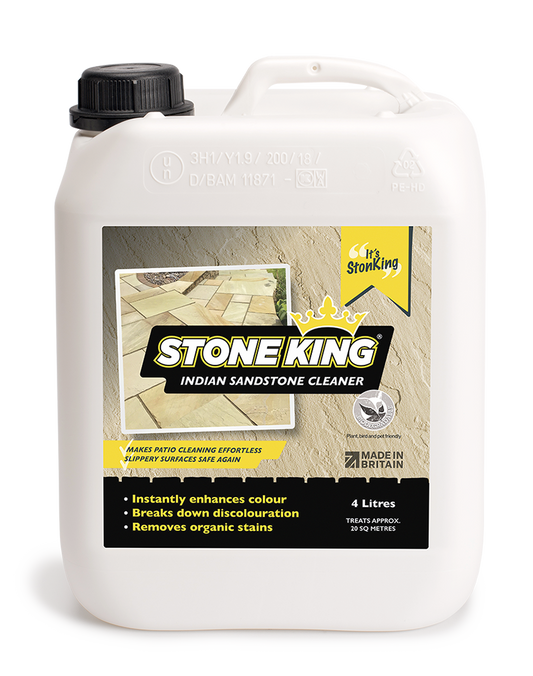 Indian sandstone cleaner from Stone King by Patio Black Spot Removal, showing a bottle of cleaning solution for sandstone surfaces.