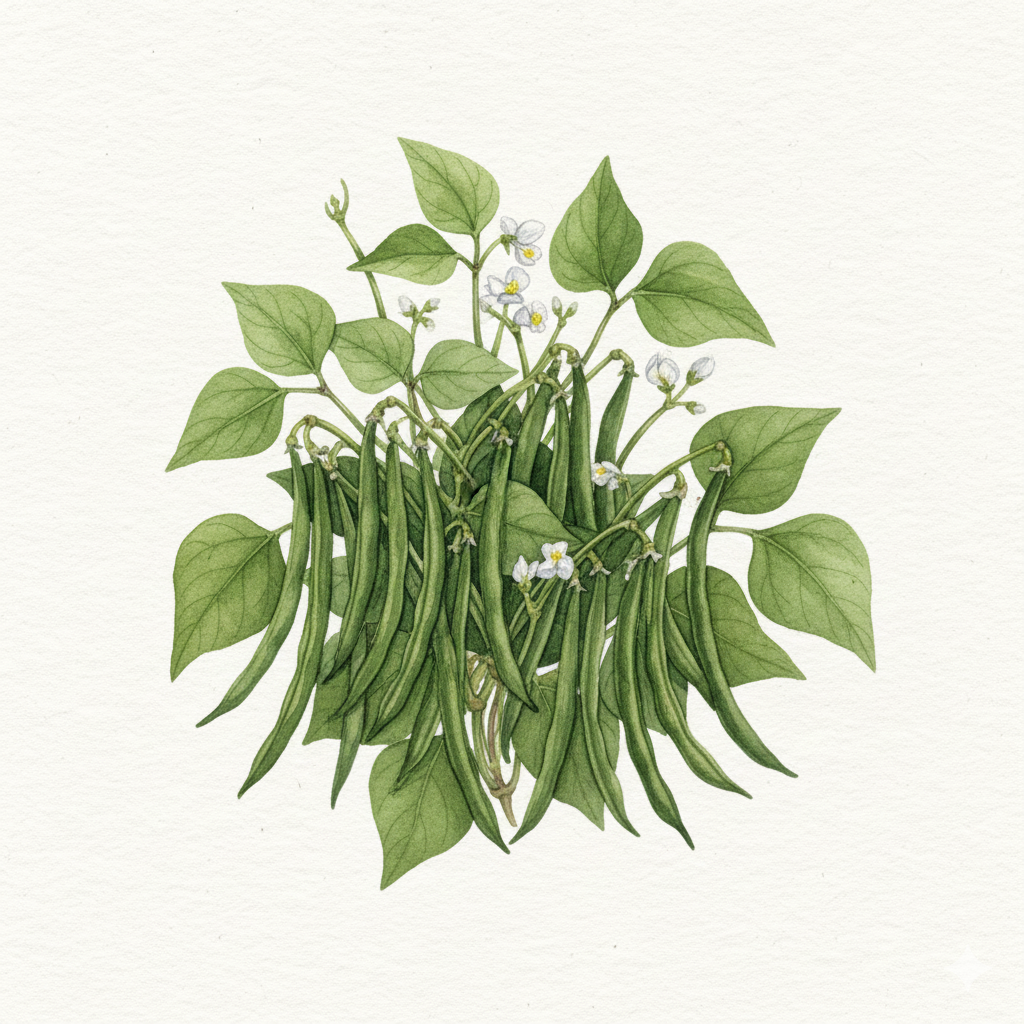 Botanical watercolor of a Safari dwarf french bean plant with very straight, slender dark green pods
